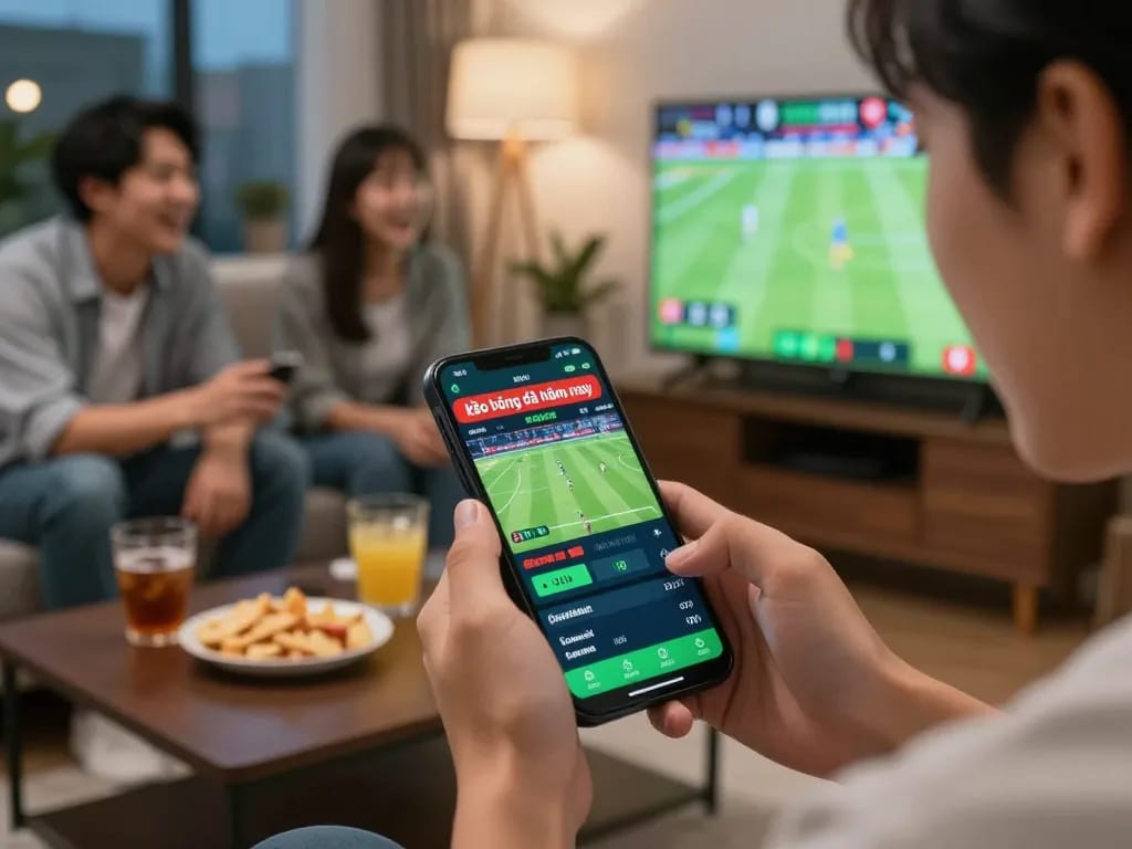 Excited person placing bets on kèo bóng đá hôm nay during a thrilling football match