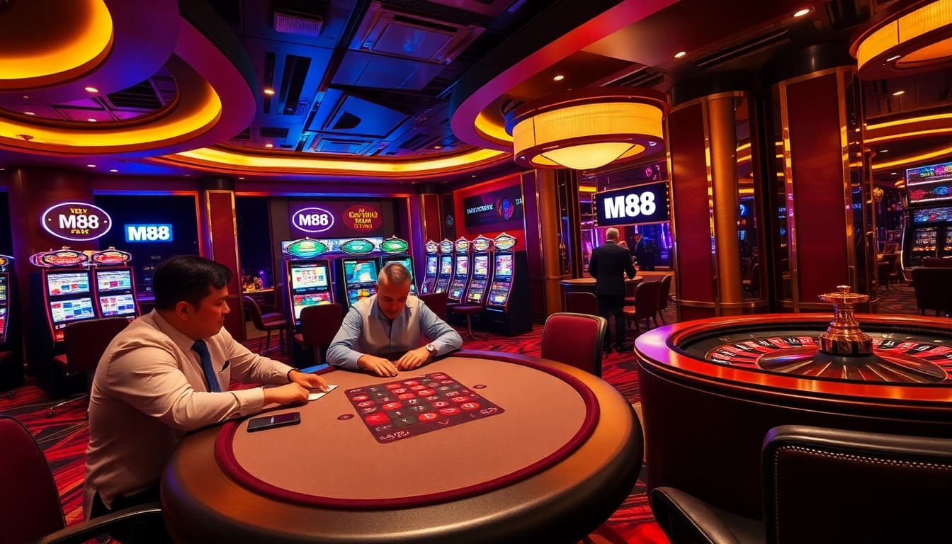 Engaged players at M88 casino poker table, surrounded by vibrant slot machines and roulette wheel.