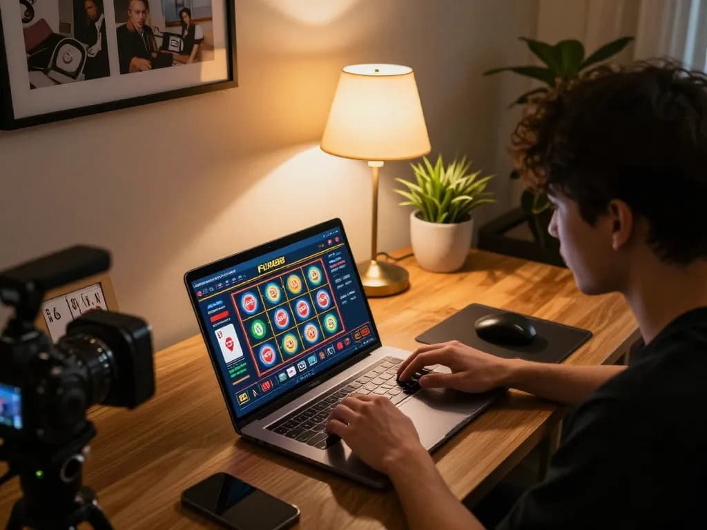 Player enjoying online casino games on Fun88 laptop with engaging slot interface and warm room ambiance.