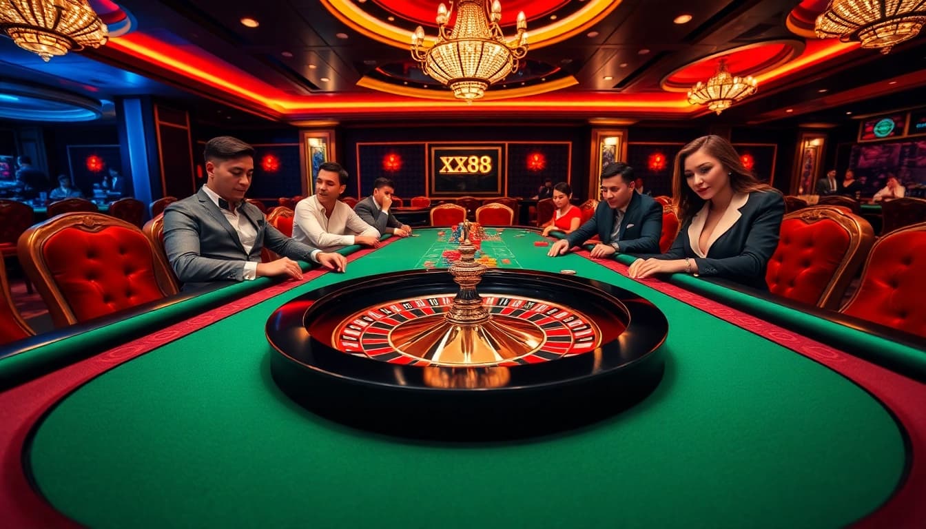 Experience thrilling gameplay at XX88 in a luxurious casino setting with roulette and poker action.