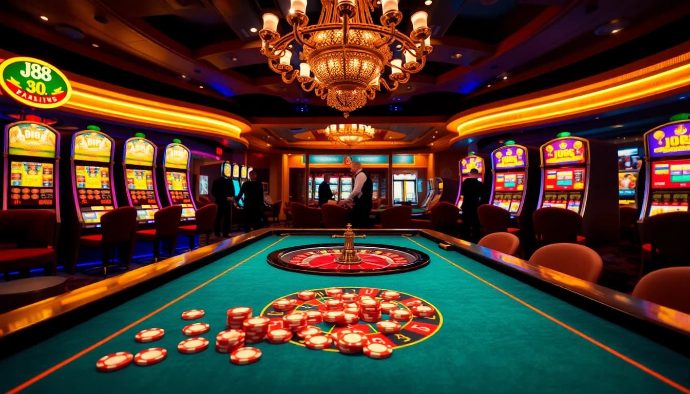 Engaging scene of players enjoying table games at j88 casino, vibrant atmosphere.