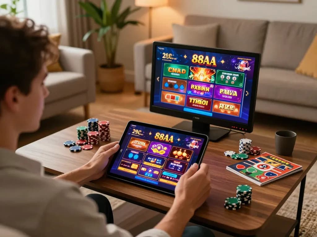 Engaging with the 88aa online casino interface on a tablet in a cozy home setting.