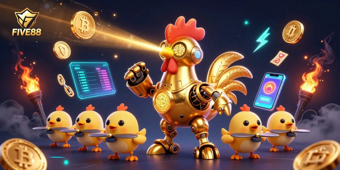 FIVE88 features a golden rooster robot in an ultra-detailed casino scene with crypto coins.