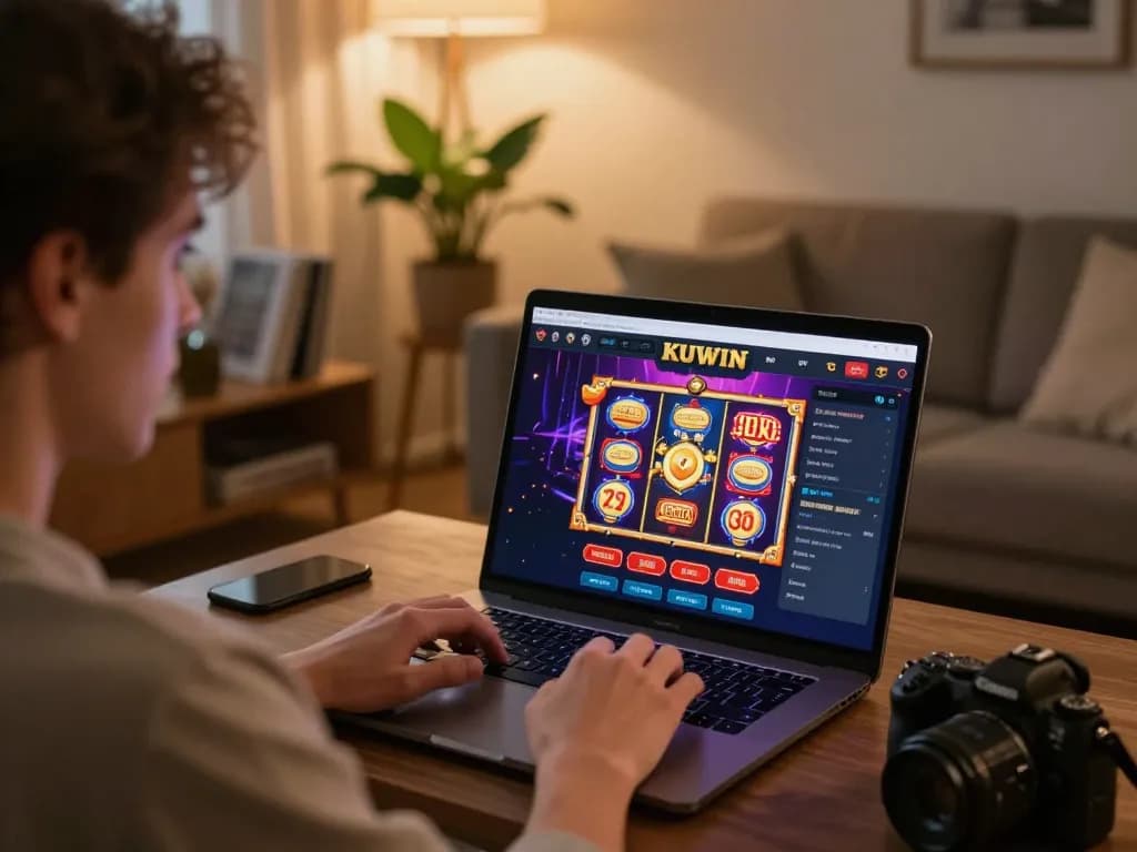 Kuwin player enjoying an online casino game on a laptop, showcasing strategic gameplay in a cozy home setting.