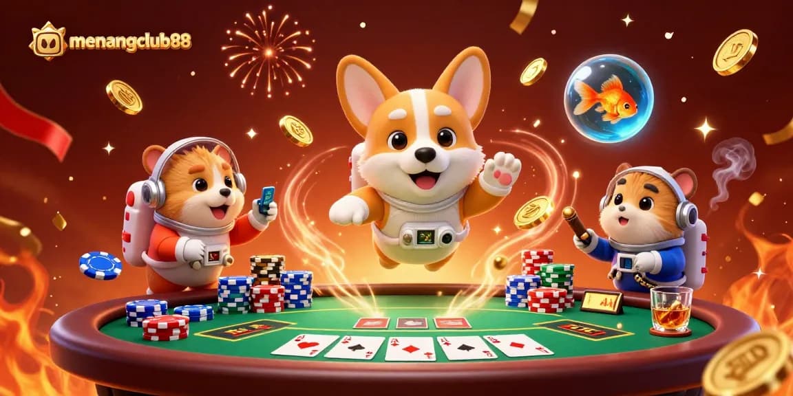 Experience the excitement at menangclub88 casino with floating characters and vibrant atmosphere.