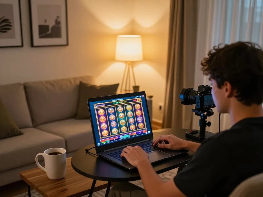 Player navigating 68win online slots in a cozy home setting with warm ambiance