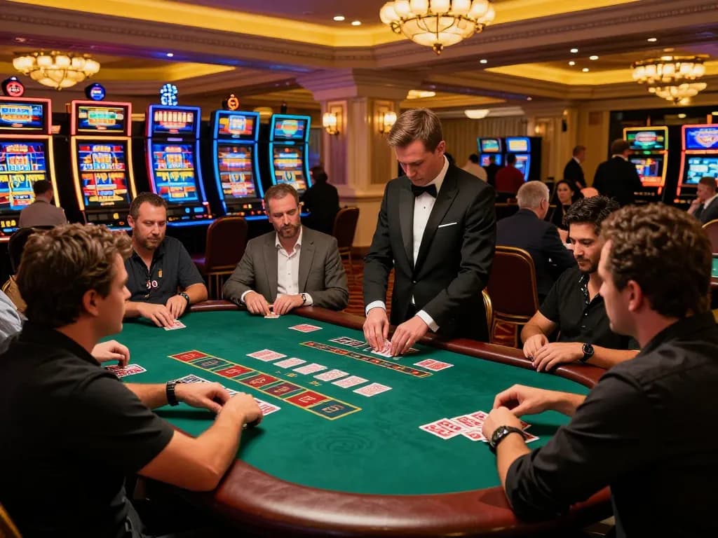Engaged blackjack players at z16 casino table evaluating bets and enjoying the thrill of the game.