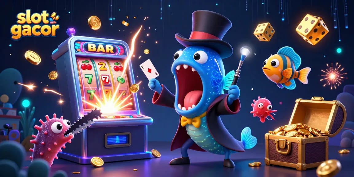 Memenangkan jackpot di slot gacor dengan ilustrasi 3D dari ikan guppy dan elemen kasino lainnya yang menarik.