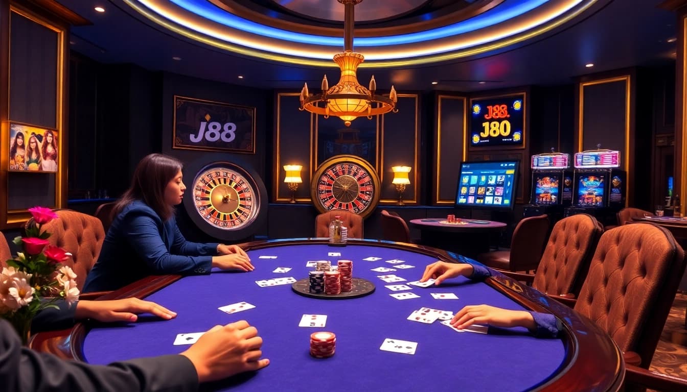 Players at a poker table joyfully betting with j88 chips in a vibrant casino atmosphere.
