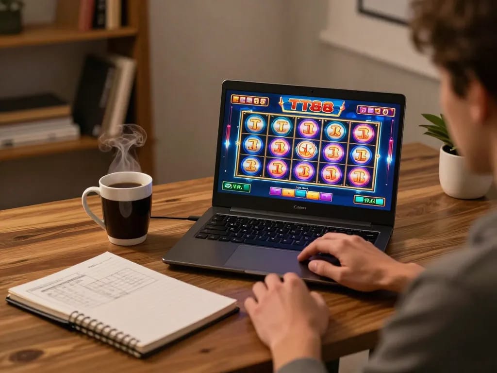 Player enjoying TT88 online slots on a laptop with strategic notes and coffee nearby
