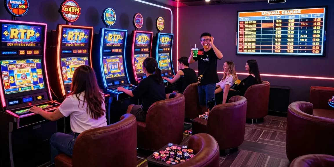 Ruang permainan slot gacor hari ini dengan pemain antusias dan mesin slot modern.