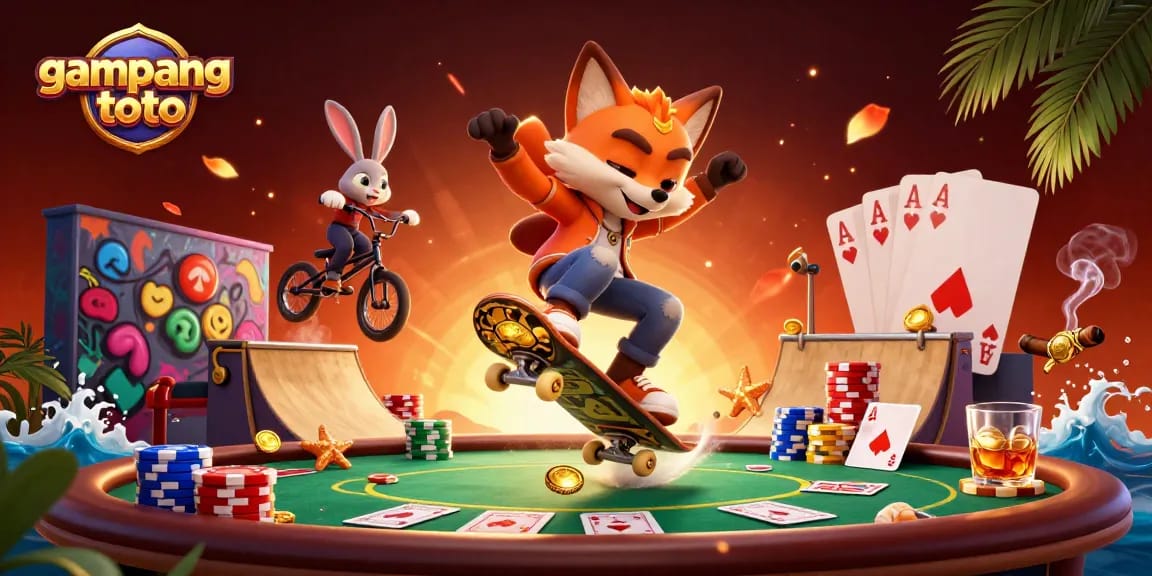 Experience thrilling gameplay at gampangtoto with a dynamic casino scene featuring animated fox and rabbit characters.