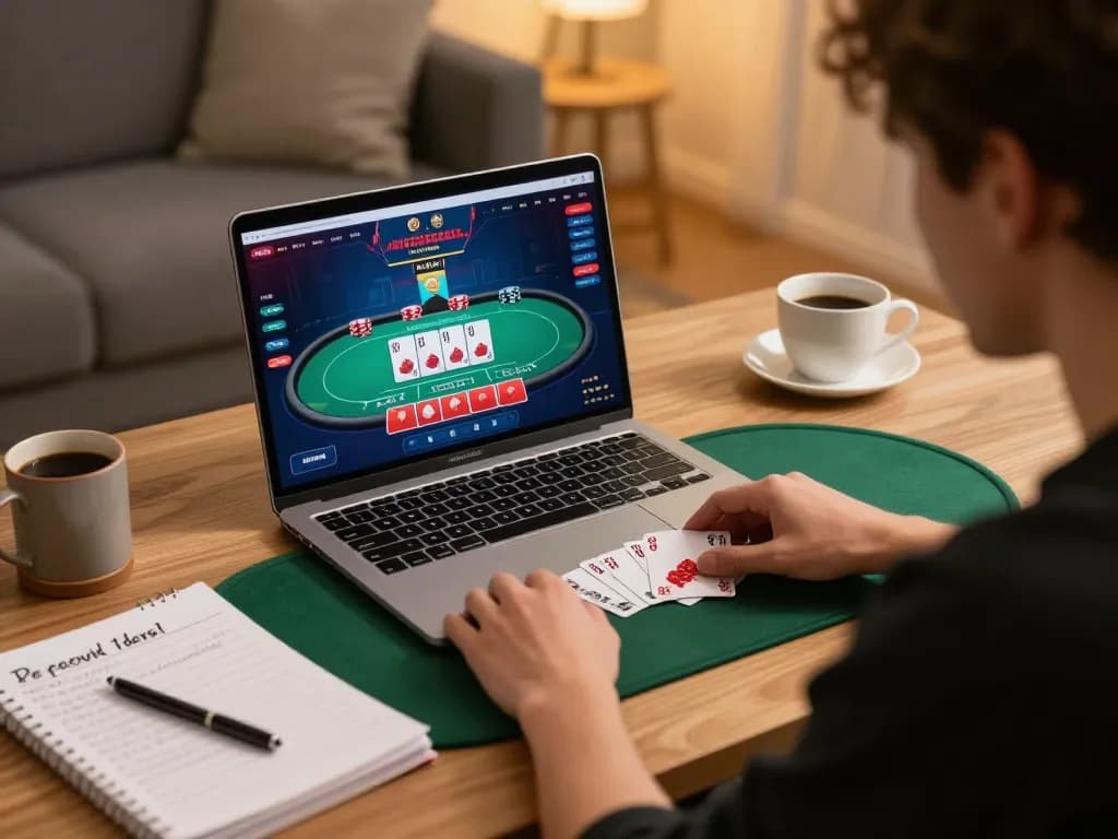 Engaged player at home using 88xx platform for strategic poker gameplay, enhancing online gambling experience