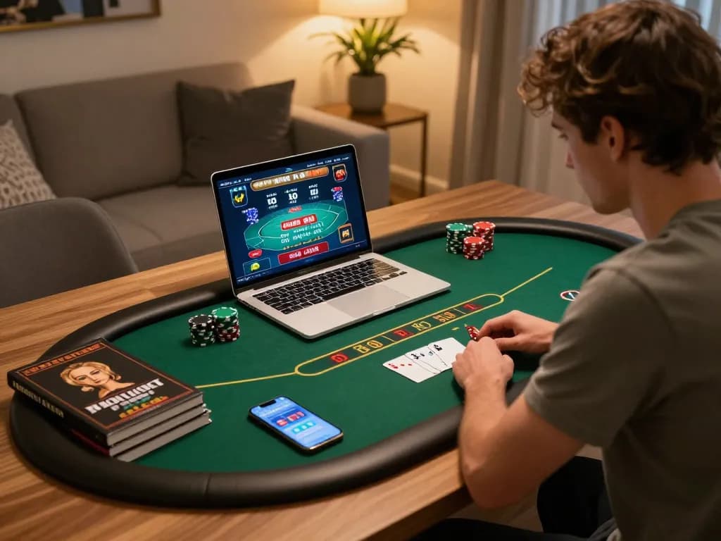 RR88 player strategizing during an online poker game on a cozy home setup.