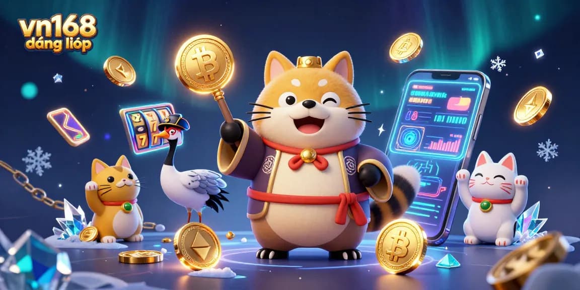 Experience vn168 đăng nhập with cheerful tanuki and colorful maneki-neko amidst vibrant gambling elements.