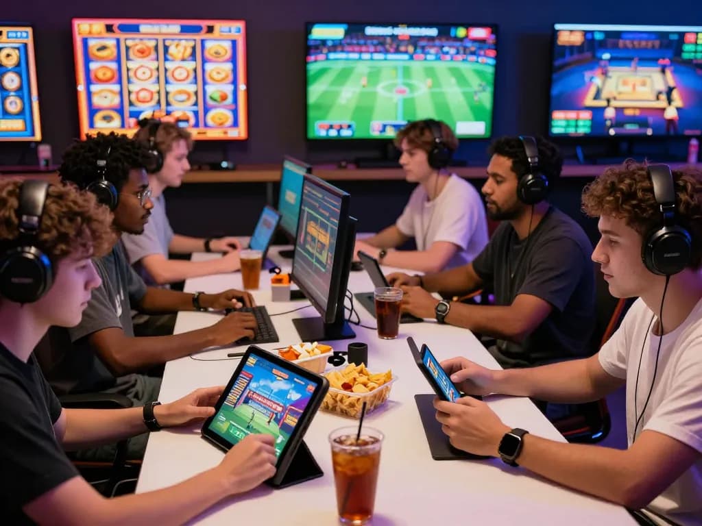 A diverse group of players enjoying the OPEN88 online gaming platform with vibrant games and snacks.