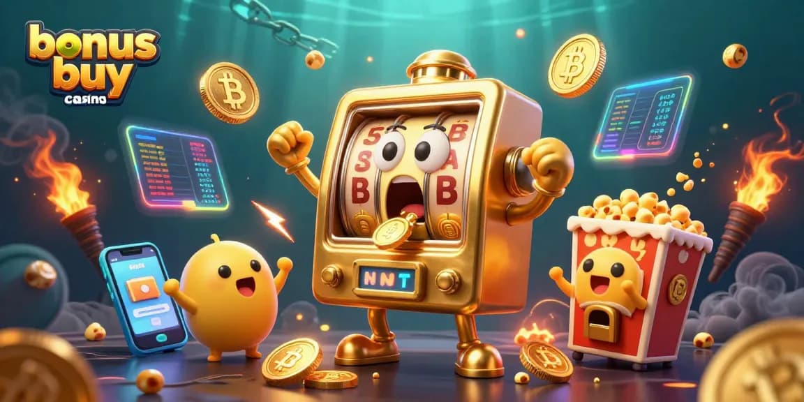 Experience the thrill of bonus buy casinos with animated slot machines celebrating huge wins.