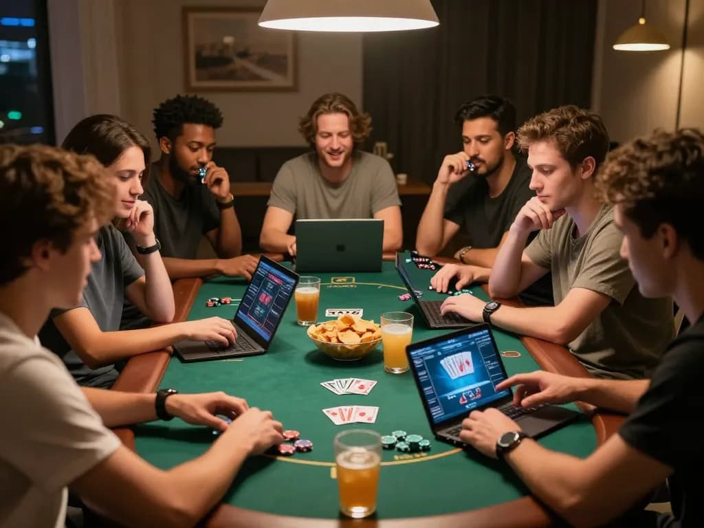 Friends enjoying a thrilling poker game online using MM 88 at home