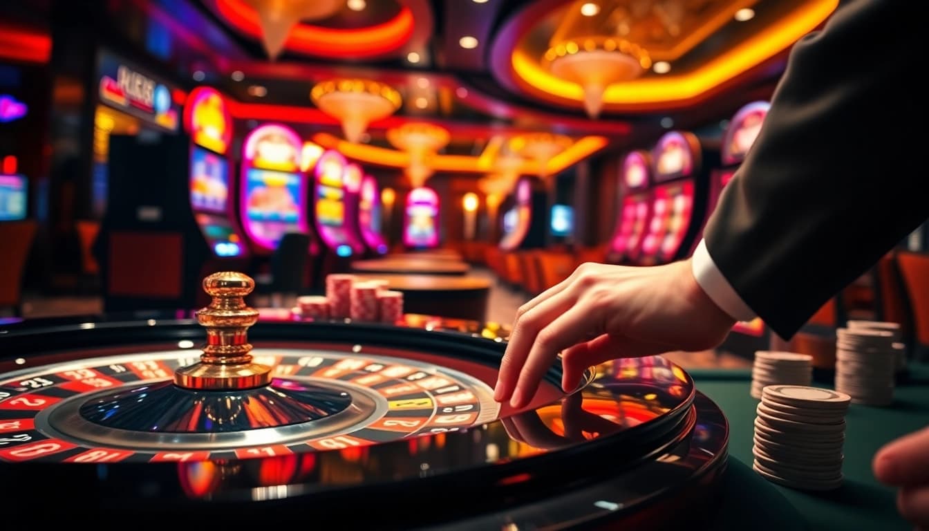 Experience thrilling gambling at RR88 casino with vibrant slot machines and a roulette table.