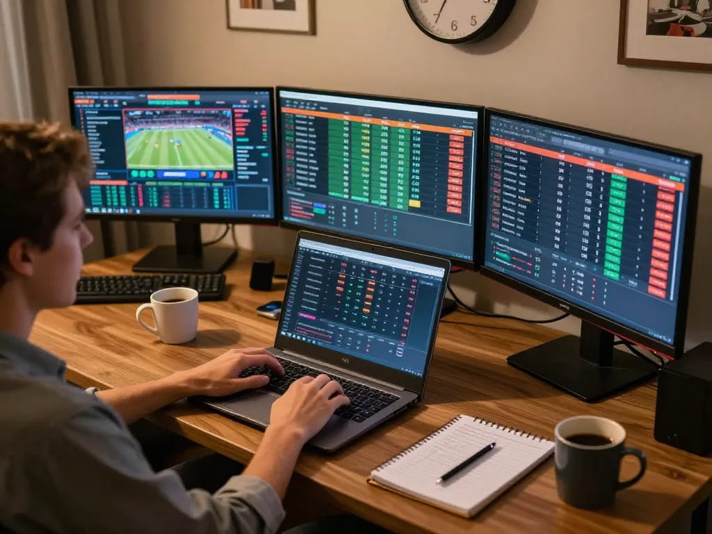 Engaged in online betting activities, user analyzing tỷ lệ nhà cái on multiple screens