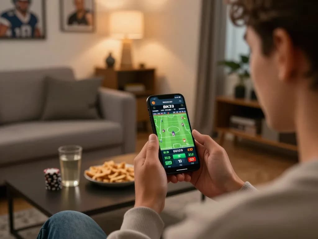 Engaging moment of a player checking odds on BK33 sports betting app while preparing for game excitement.