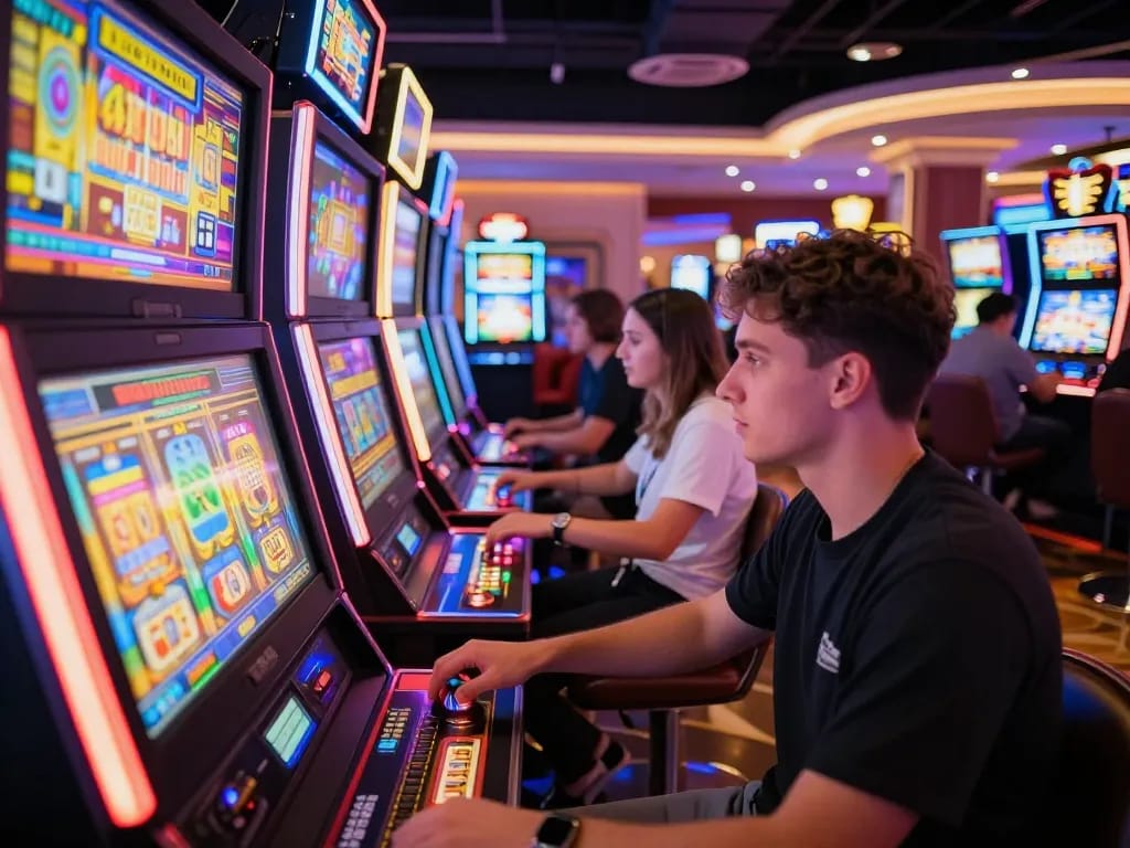 Player celebrating a win at colorful slot machines in a lively casino environment