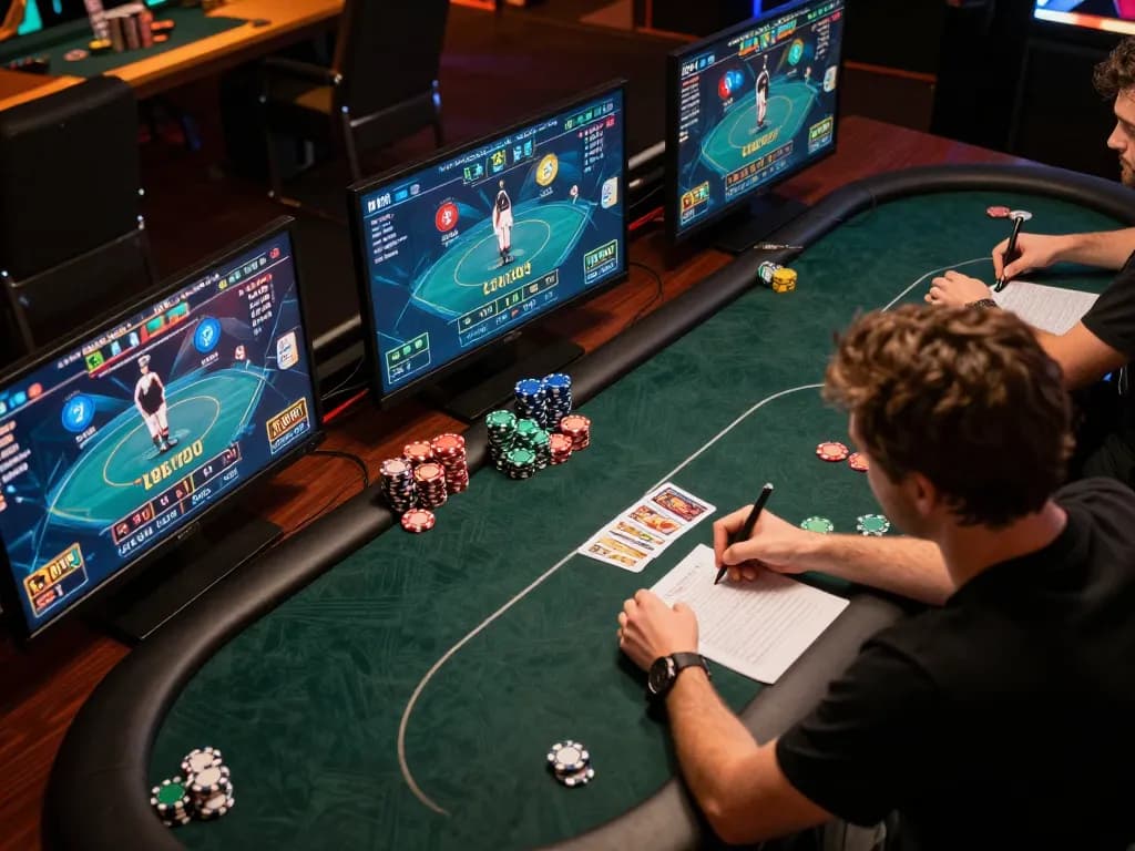 F168 player engaged in intense poker strategy during online gaming session with multiple screens.
