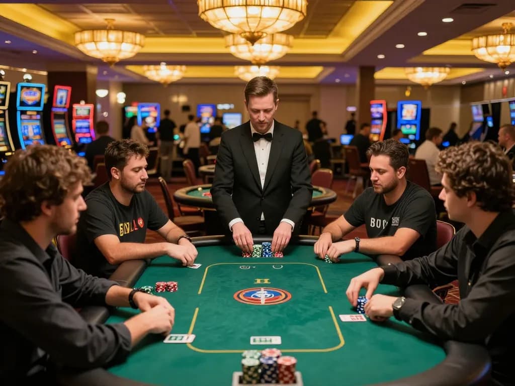 Players engaged in an intense poker game at 88aa casino, showcasing strategic gameplay and vibrant atmosphere