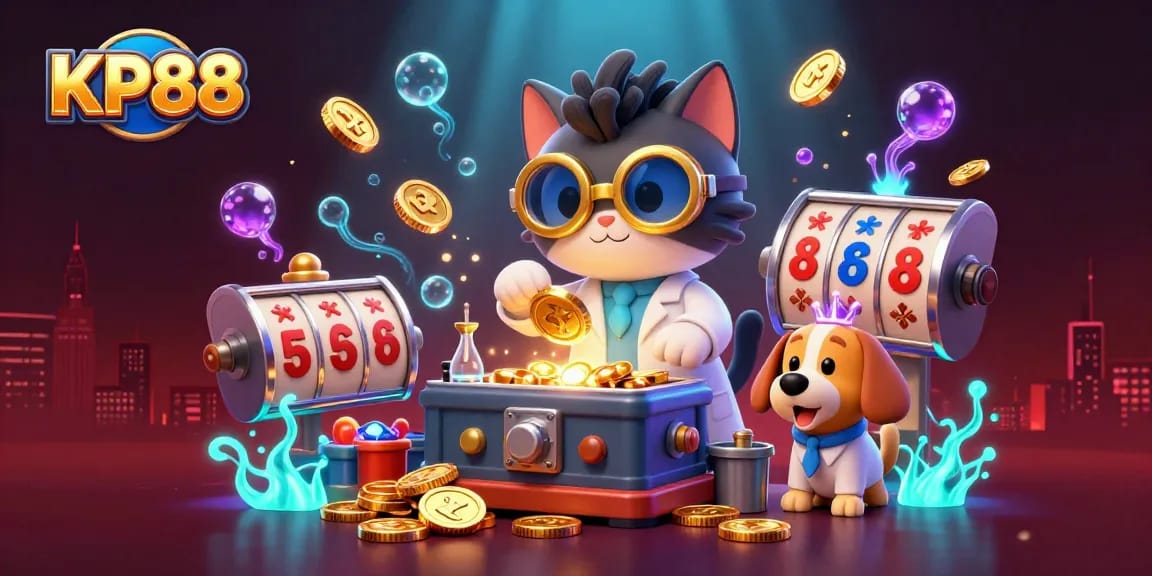 KP88 showcases a lively 3D casino scene with a mad scientist cat and dog, surrounded by gold coins and game elements.