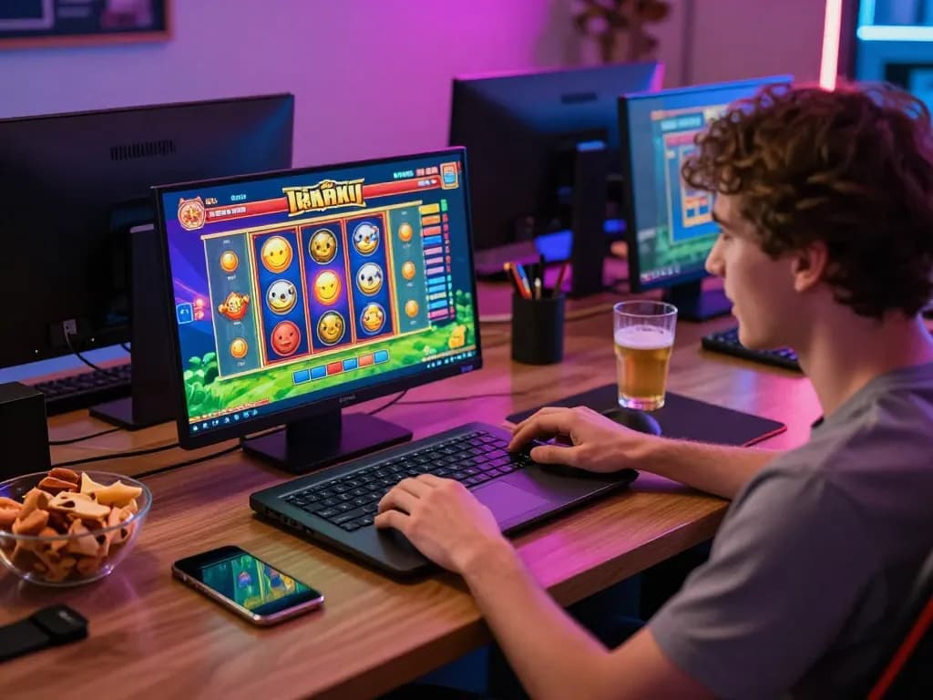 Engaging with a Legit Online Casino on a laptop at home with animated slot reels.