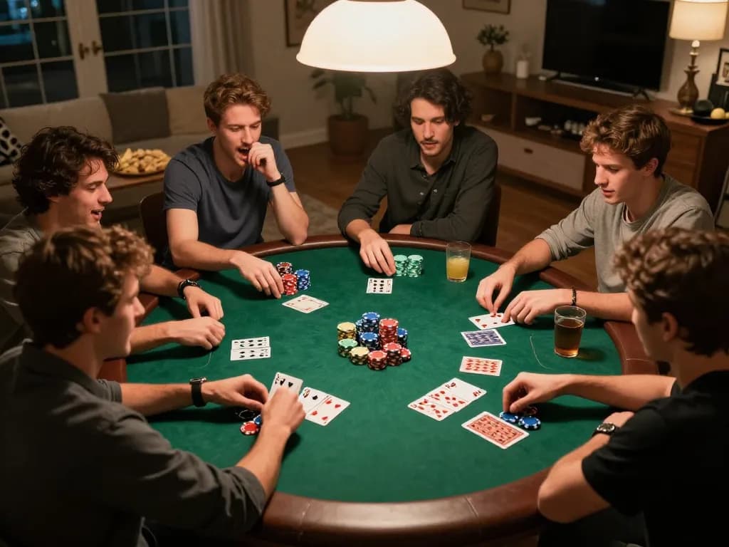 Sahabat yang terlibat dalam permainan poker yang hidup di rumah, menyoroti gameplay strategis aman788 dengan chip dan kartu poker berwarna-warni.