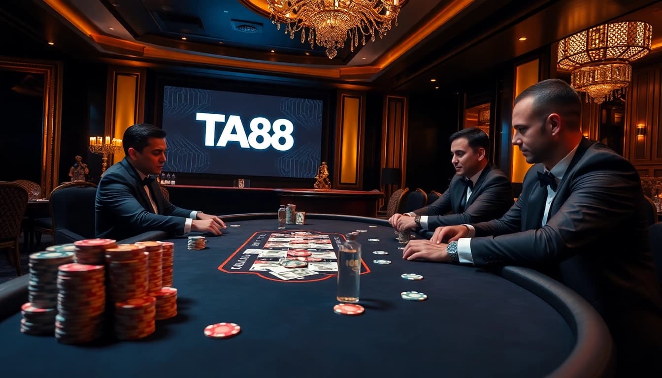 Players engage in a high-stakes poker game at TA88 casino, surrounded by chips and excitement.