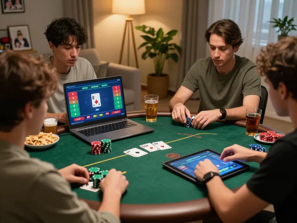 KONG88 online poker player calculating bets in a vibrant home setting.