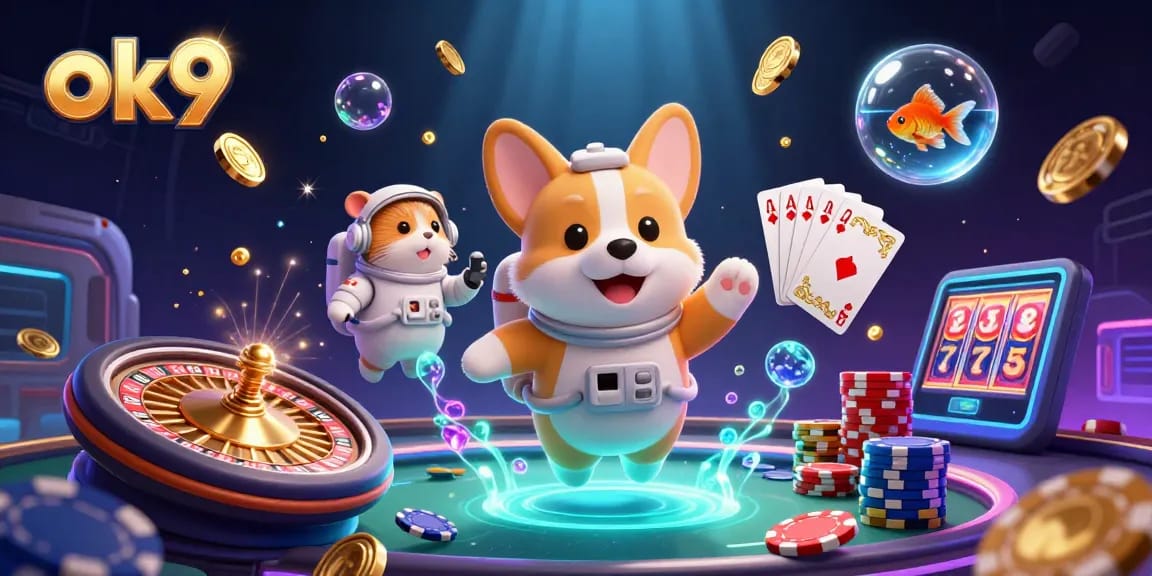 Join the thrilling adventures within the ok9 space casino, featuring a corgi astronaut and floating treasures.