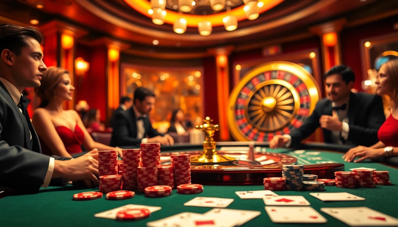 SODO CASINO players enjoying an exciting game at a luxurious table with chips and cards.