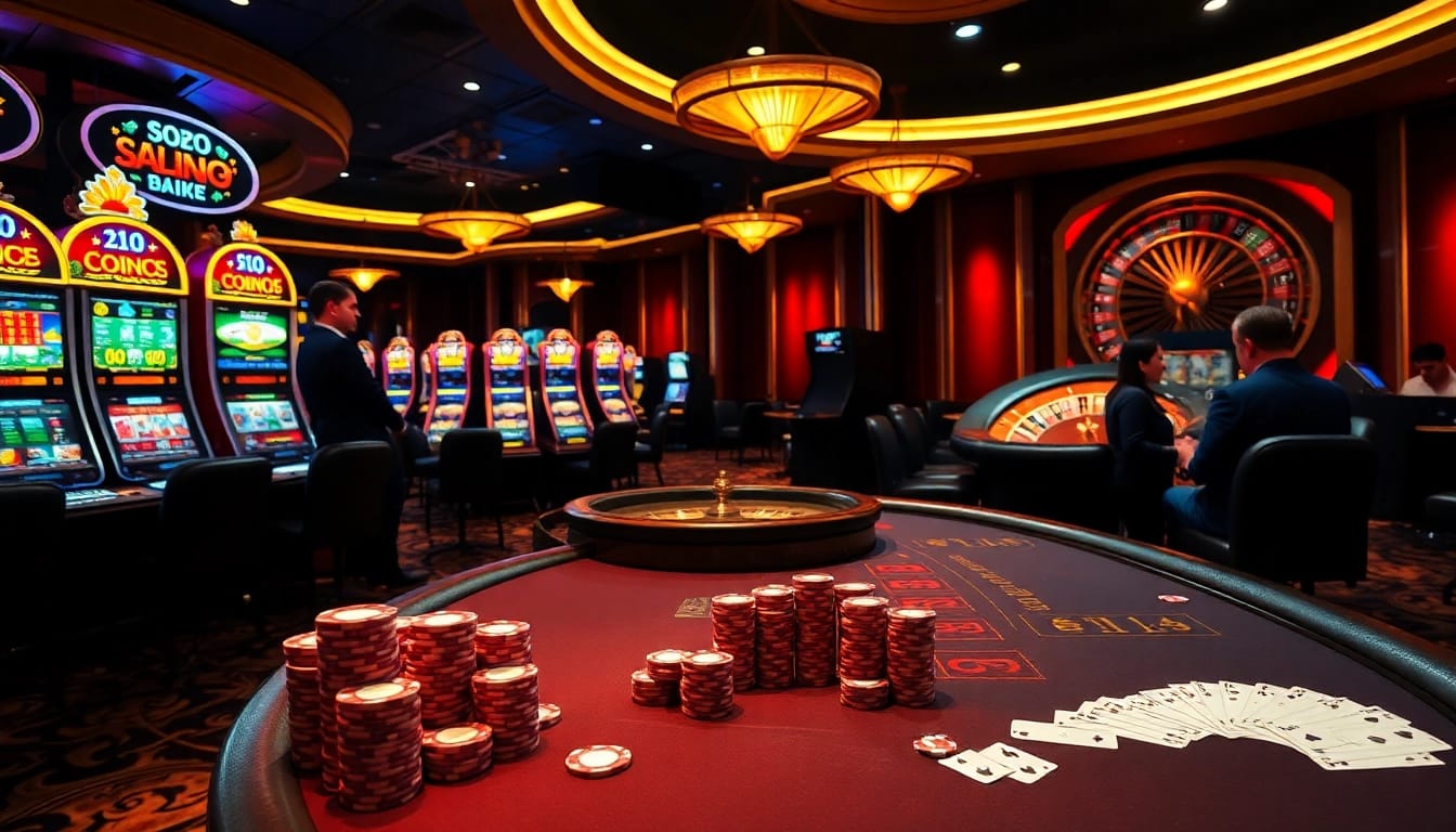SODO casino scene featuring vibrant slot machines, elegant poker table, and roulette wheel.