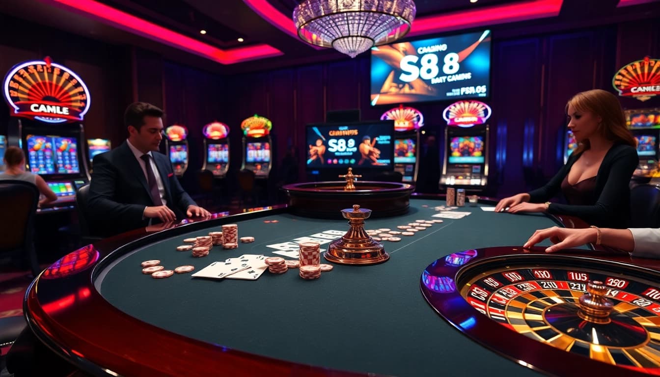 S8 casino players engaged at a poker table with chips and cards