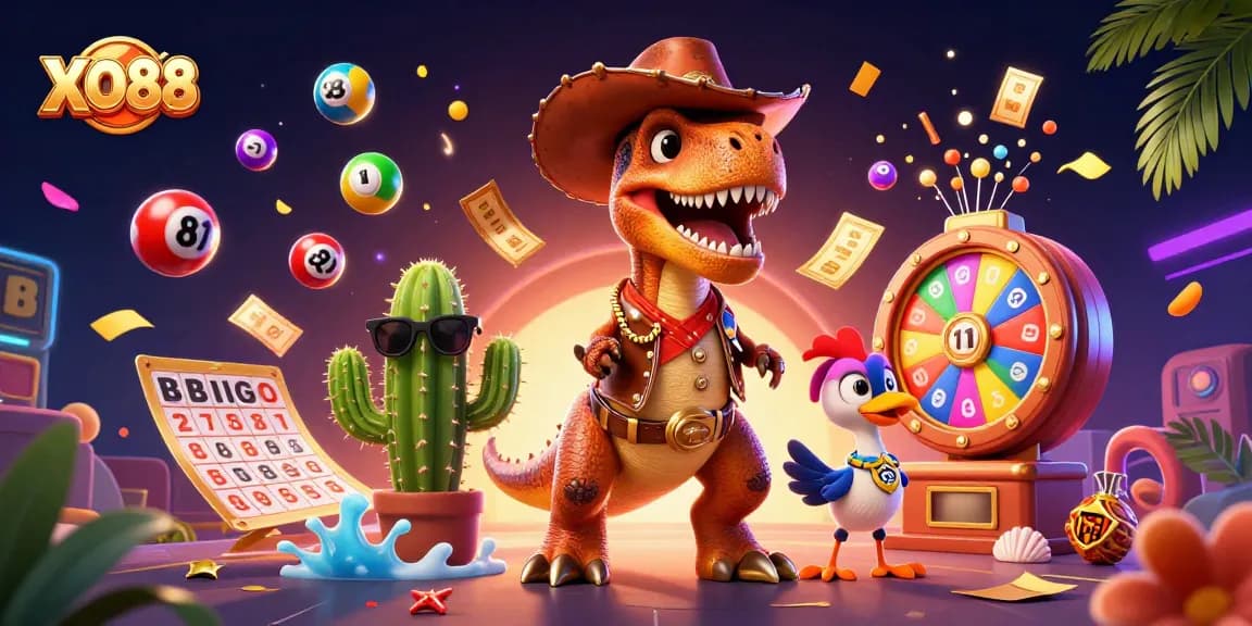 Experience the excitement of XO88 with colorful lottery elements and cartoon characters in dynamic action.