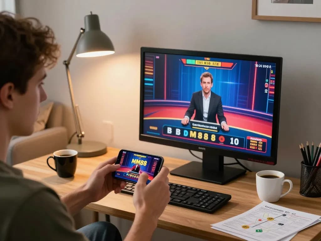 Engaged player enjoying MM88 casino app on smartphone in a cozy home environment.