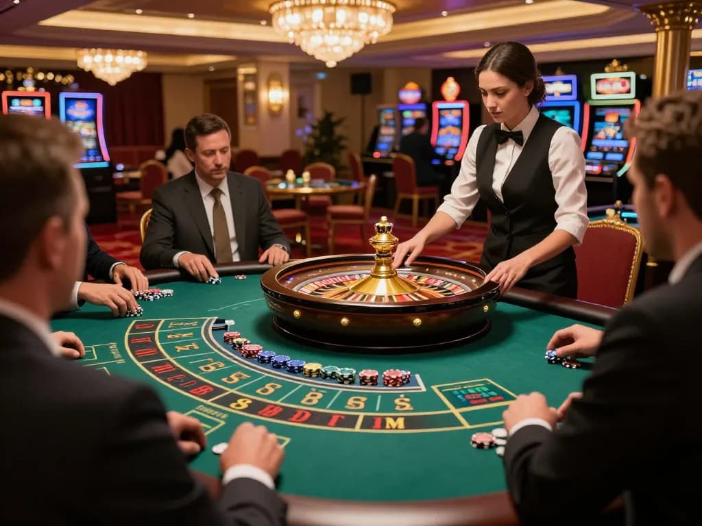 SC88 players strategy bets at the elegant roulette table in a luxurious casino.
