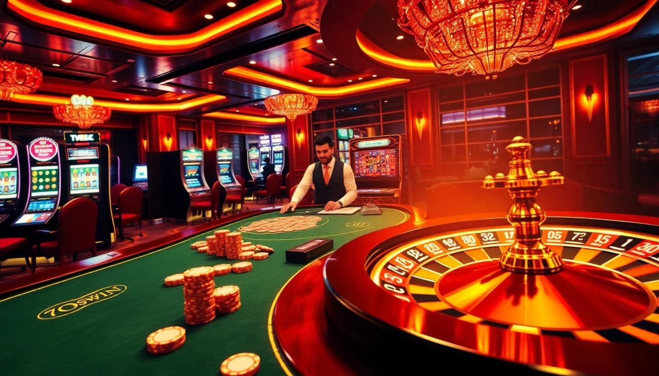 Exciting scene at 789win casino featuring poker tables, slot machines, and engaging dealers.