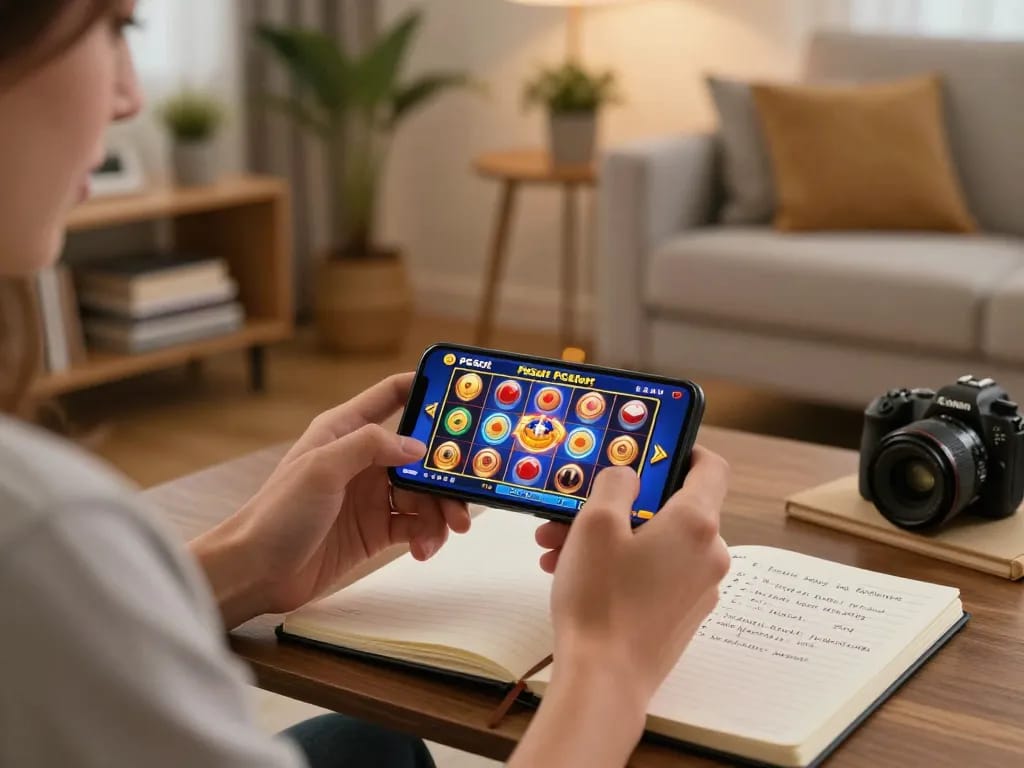 Player enjoying PGSlot IN game on smartphone in cozy living room with strategic notes nearby.