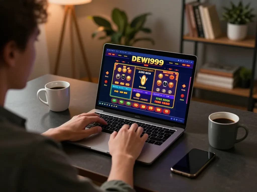 dewi999 terlibat dalam strategi permainan online di meja rumah dengan laptop dan antarmuka permainan