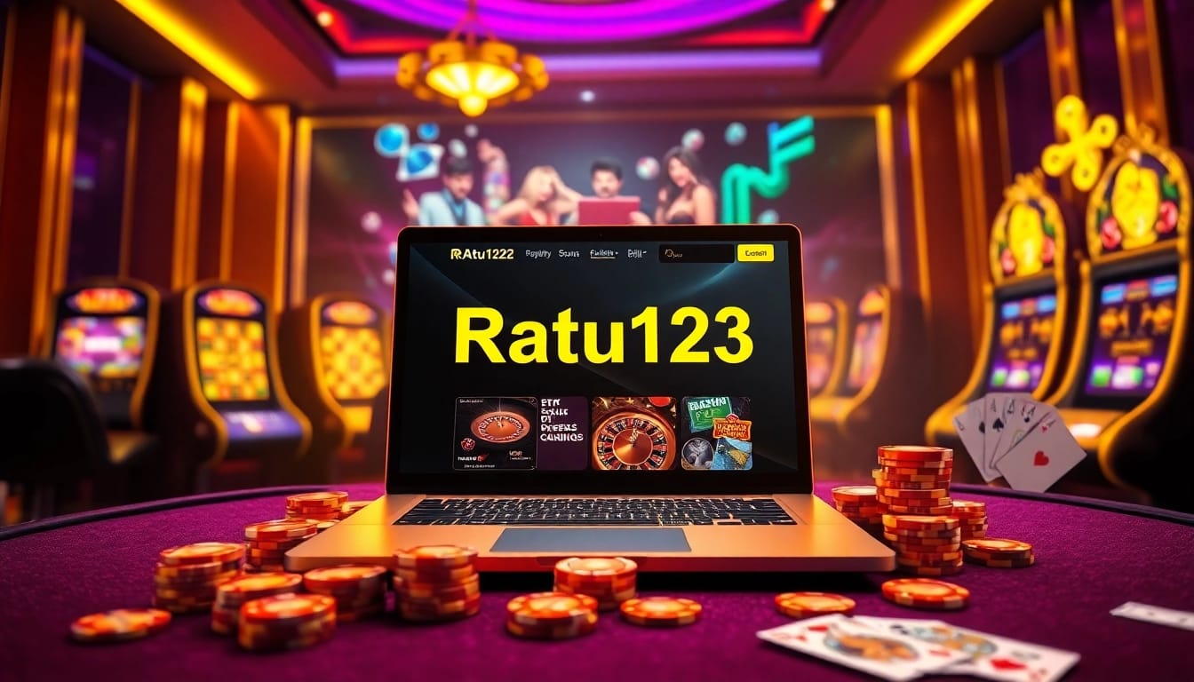 Pengalaman judi online Ratu123 dengan visual mesin slot yang berwarna-warni dan chip kasino.