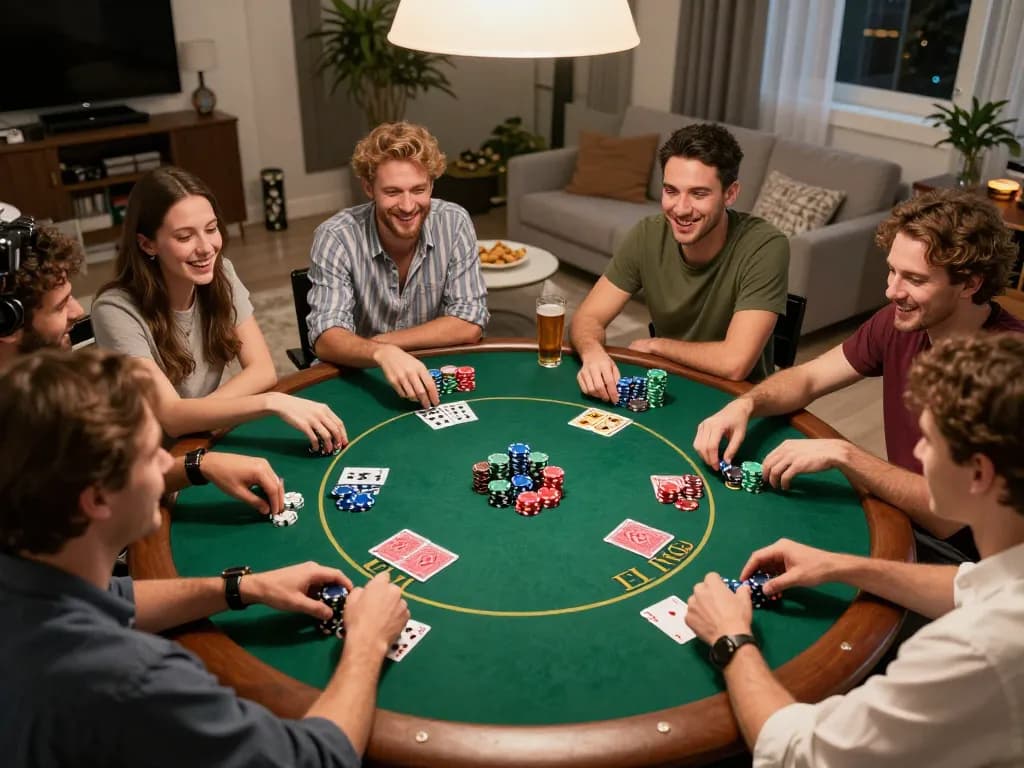 BOM88 malam poker di rumah bersama teman merayakan kemenangan di sekitar meja felt hijau.