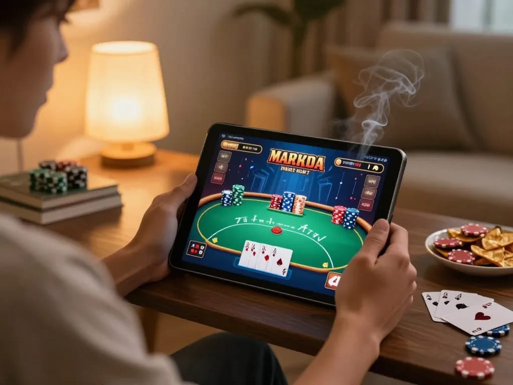 Engaged player using SC88 online casino app on tablet with poker game interface in cozy setup.