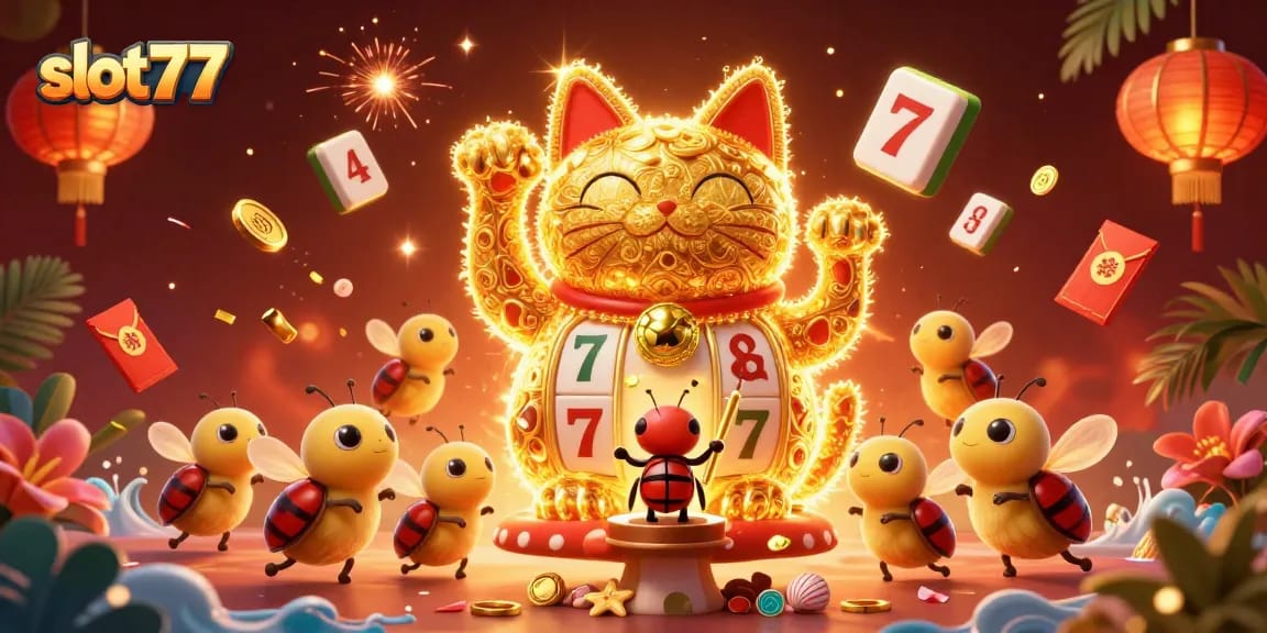 Experience thrilling wins at slot777 with a vibrant lucky cat and dynamic casino elements.