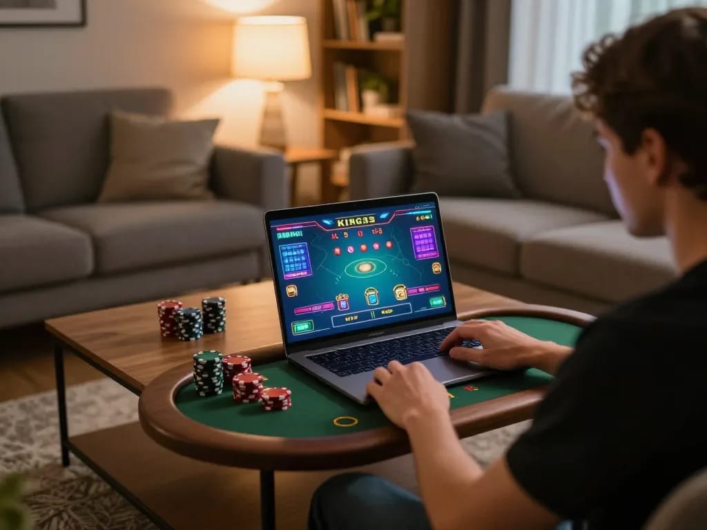 Engaging online gaming scene with a player enjoying king33 poker in a cozy home setting.
