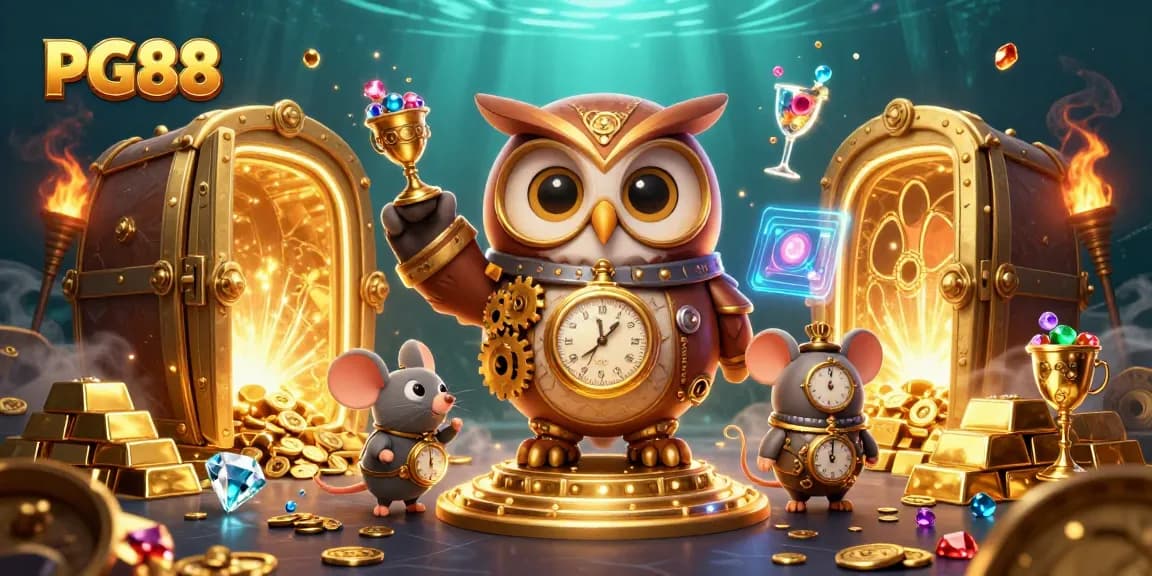Experience the excitement of PG88 with a 3D illustration of an owl and mouse in a vibrant casino scene.