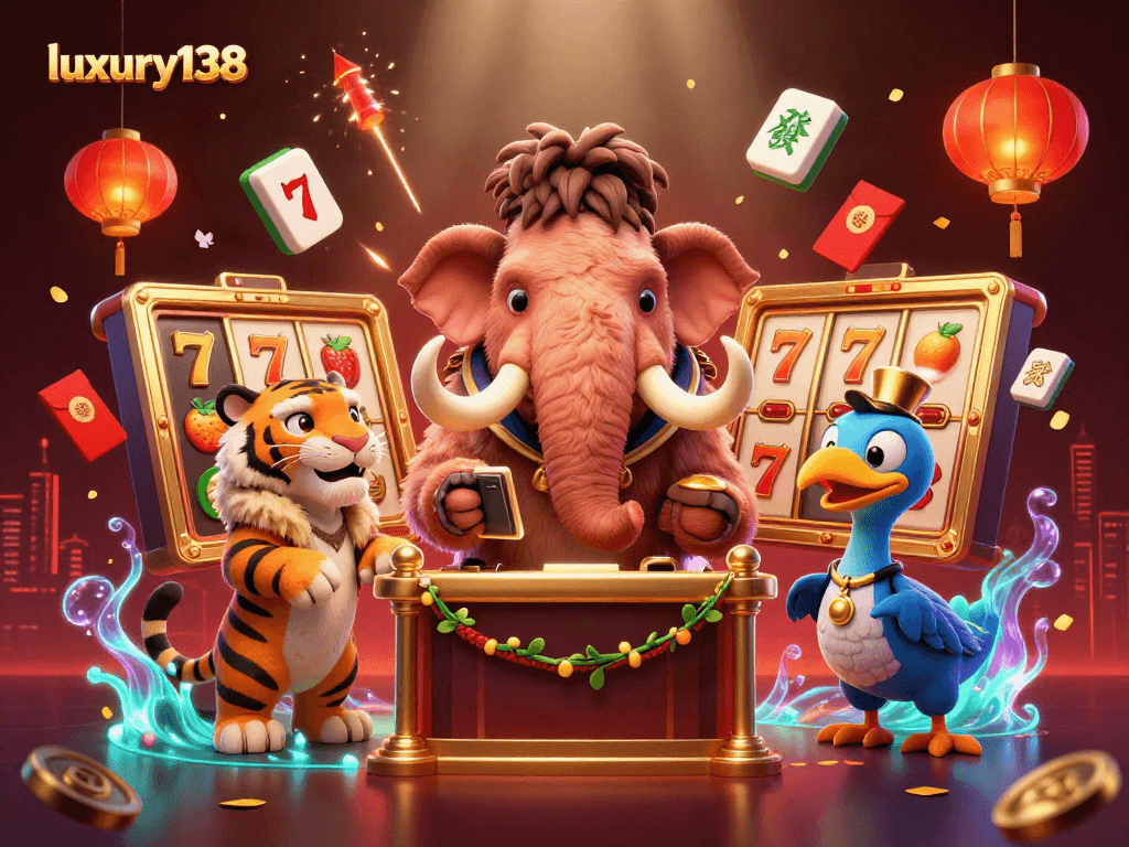 Menangkan jackpot di luxury138 dengan ilustrasi kasino mewah melibatkan karakter menarik dan elemen permainan.